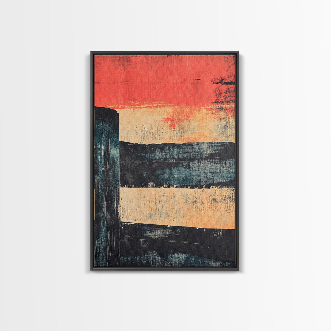 Red Sunset Abstract Seascape Wall Art, Modern Landscape Print, Moody Coastal Decor, Oversized Living Room Art, Above Sofa Decor