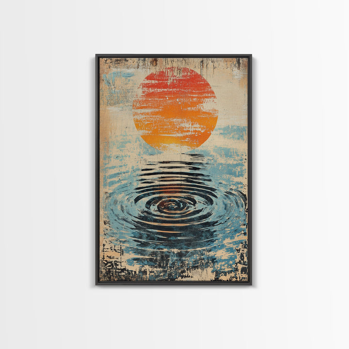 Orange Sun Water Ripple Wall Art, Minimalist Japanese Abstract Print, Zen Bathroom Decor, Calming Wall Decor, Framed Canvas Print