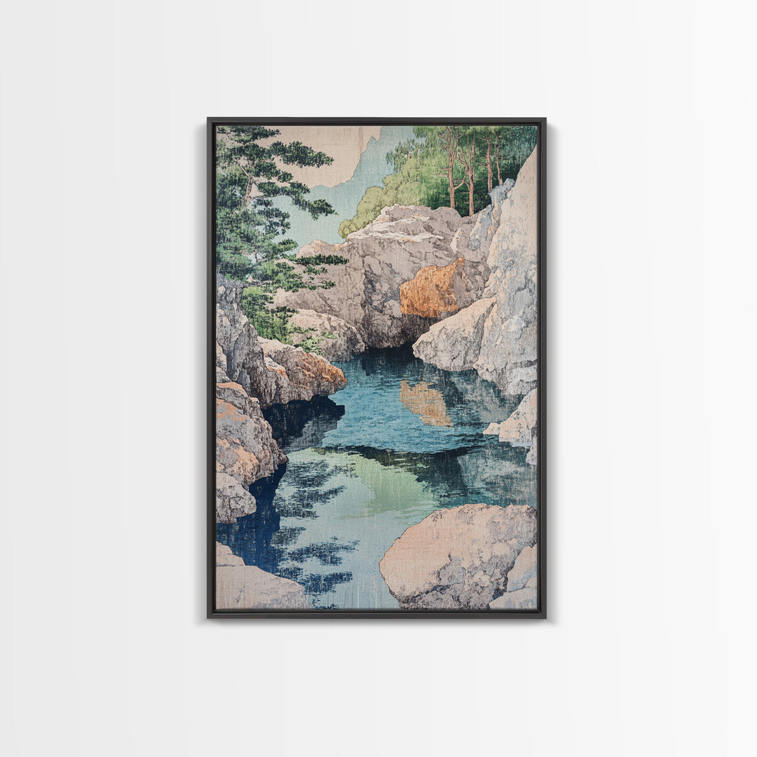 Rocky Mountain Stream And Pine Forest Wall Art, Japanese Landscape Print, Nature Wall Decor, Serene Spa Decor, Home Decor
