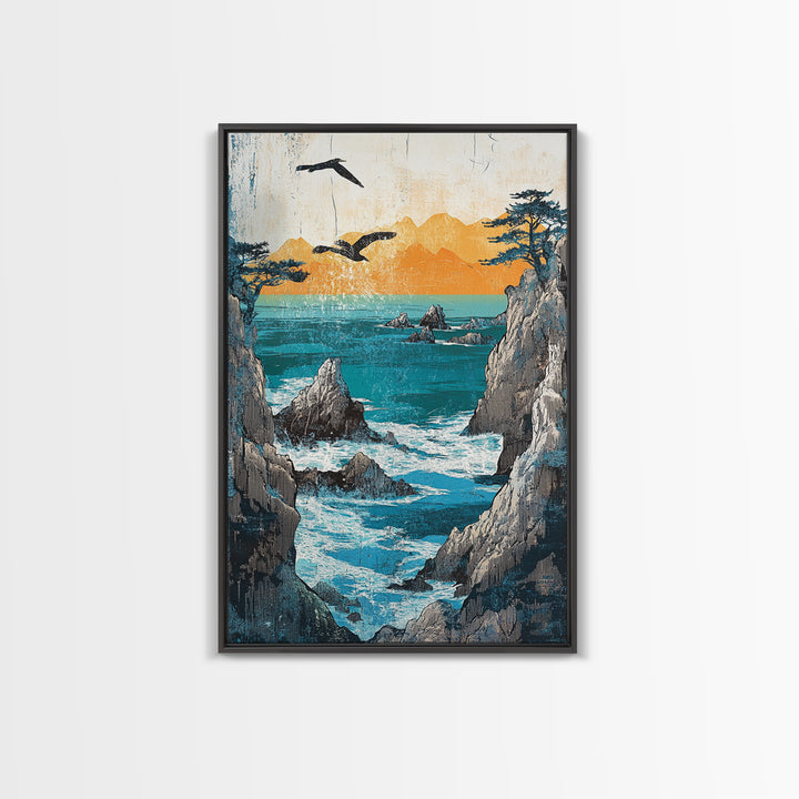 Ocean Cliffs With Flying Birds Canvas Print, Japanese Seascape Wall Art, Coastal Decor, Nautical Art, Living Room Decor, Gift For Him