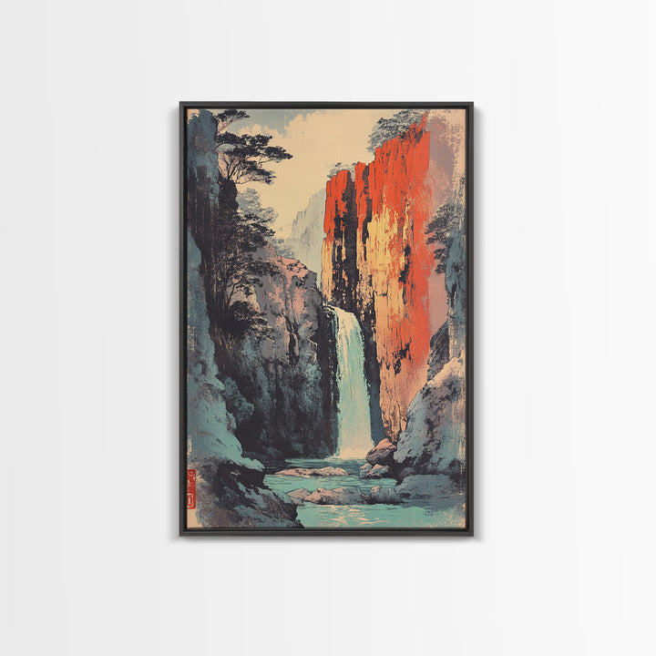 Canyon Waterfall And Red Rock Cliffs Wall Art, Japanese Landscape Print, Nature Decor, Large Serene Mountain Canvas Print