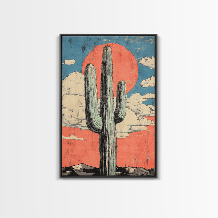 Tall Saguaro Cactus With Coral Desert Sun Wall Art, Southwestern Canvas Print, Boho Western Decor, Arizona Landscape Art