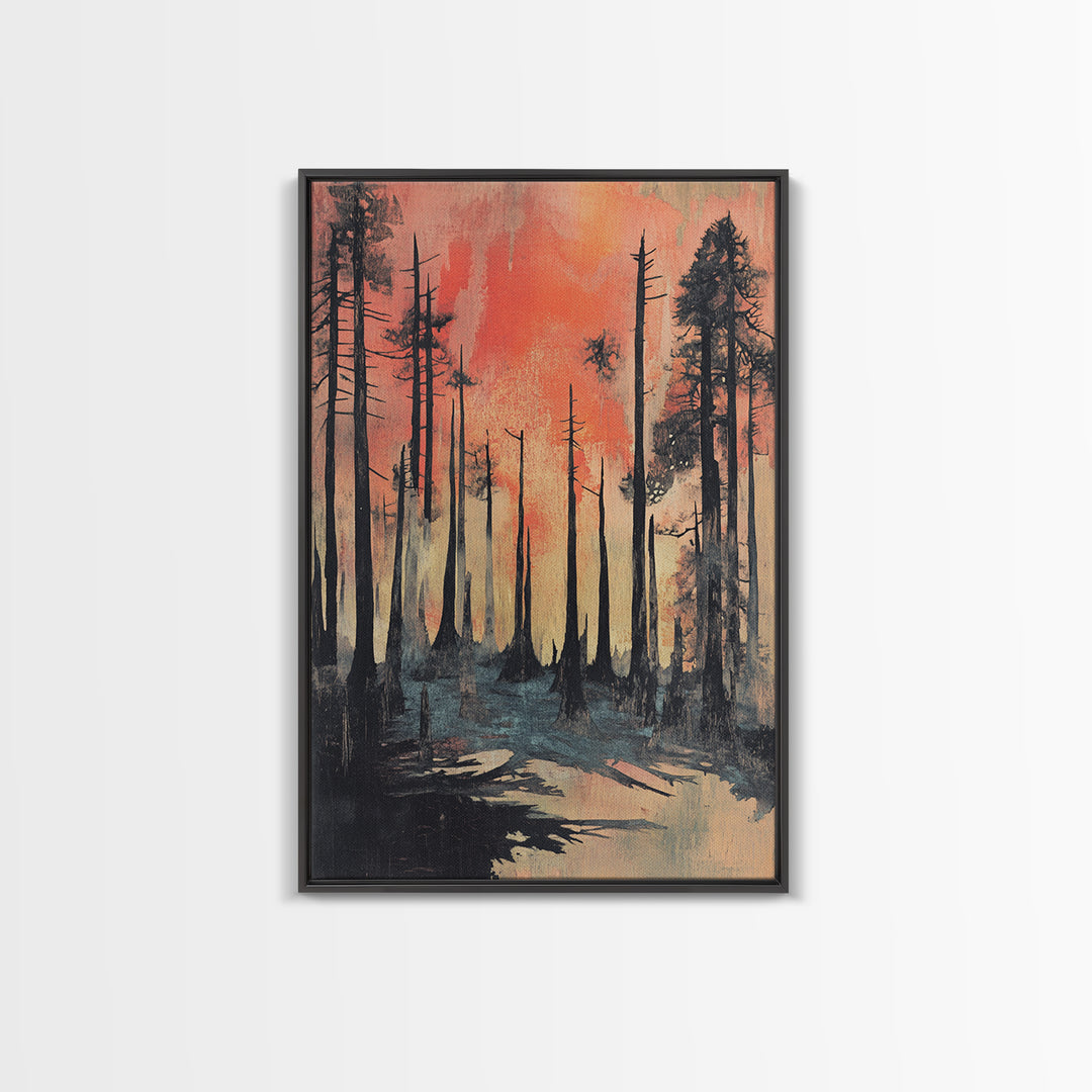 Misty Burnt Pine Forest At Coral Sunset Wall Art, Moody Landscape Canvas Print, Rustic Nature Decor, Dramatic Woodland Art