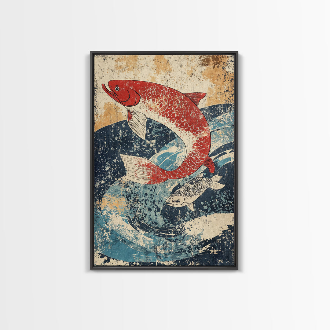 Red Koi Fish Swimming Through Blue Waves Wall Art, Japanese Canvas Print, Coastal Animal Decor, Feng Shui Living Room Art