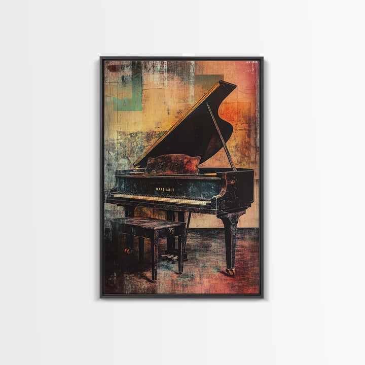 Moody Grand Piano In Warm Abstract Studio Canvas Print, Music Room Decor, Jazz Art Print, Modern Wall Art, Gift For Music Lover