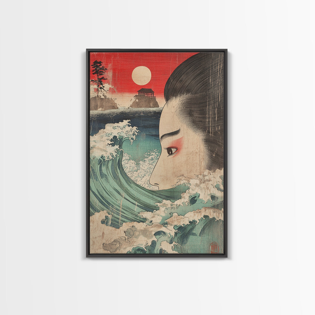 Ukiyo E Woman Face With Ocean Wave Canvas Print, Japanese Wall Art, Coastal Decor, Asian Inspired Art, Living Room Decor