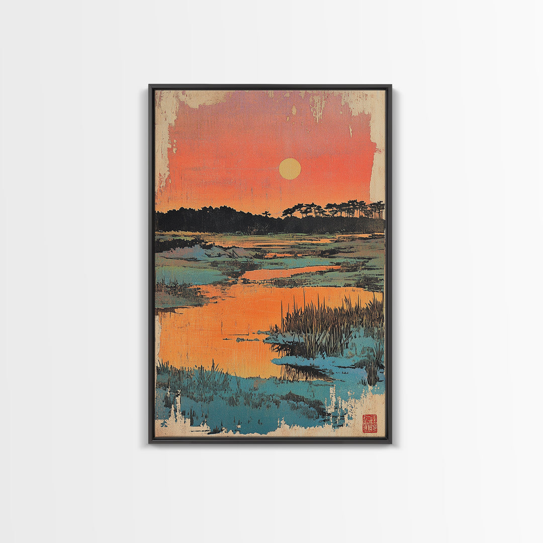 Serene Marsh Sunset Over Blue Wetlands Wall Art, Japanese Landscape Print, Nature Wall Decor, Coastal Home Decor, Zen Gift