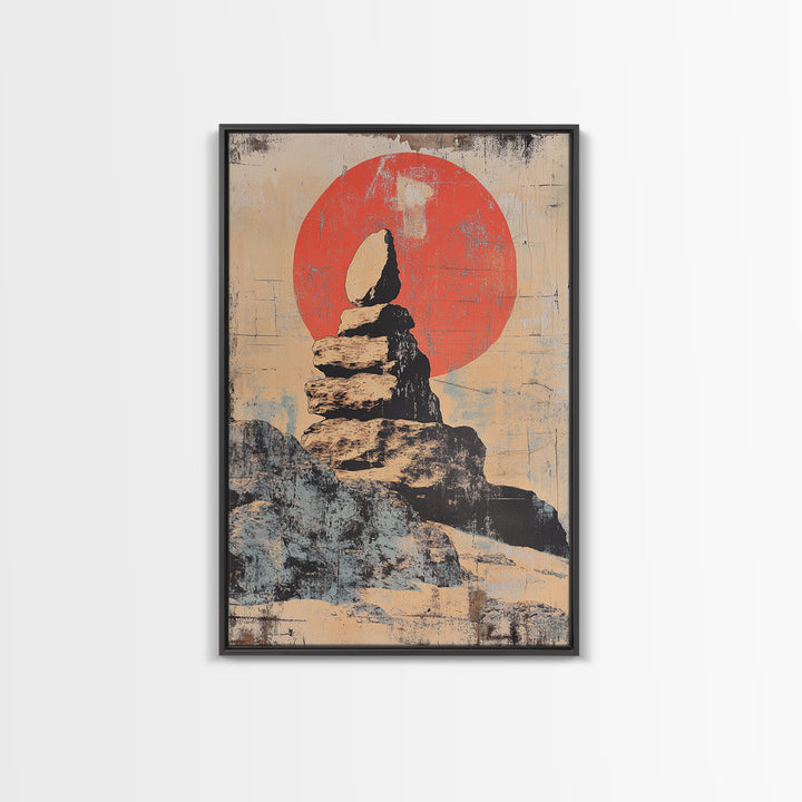 Balanced Zen Stones Before Red Sun Wall Art, Wabi Sabi Decor, Meditation Room Print, Minimalist Japanese Home Decor Gift