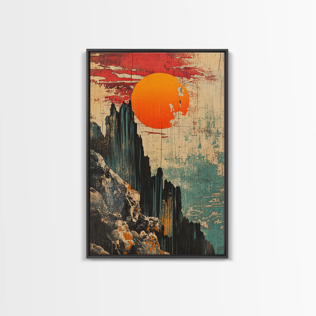 Dramatic Japanese Mountain Sun Canvas Print, Abstract Landscape Art, Modern Wall Decor, Japandi Wall Art, Living Room Decor