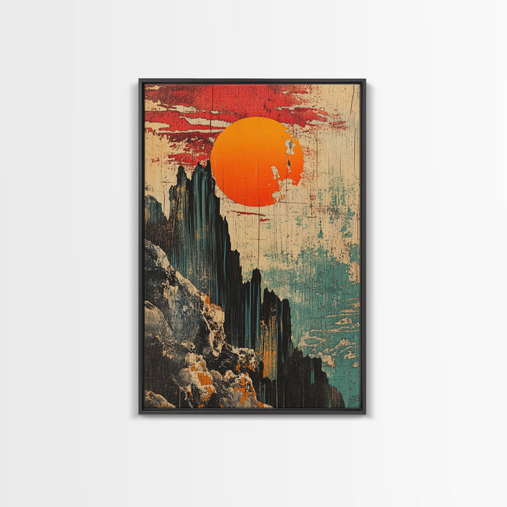 Dramatic Japanese Mountain Sun Canvas Print, Abstract Landscape Art, Modern Wall Decor, Japandi Wall Art, Living Room Decor