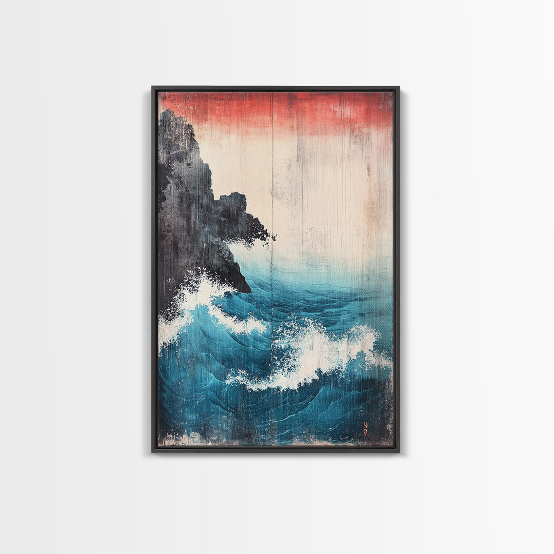 Dramatic Blue Wave And Cliff Canvas Print, Japanese Seascape Wall Decor, Coastal Ocean Art For Living Room Decor, Beach House Gift