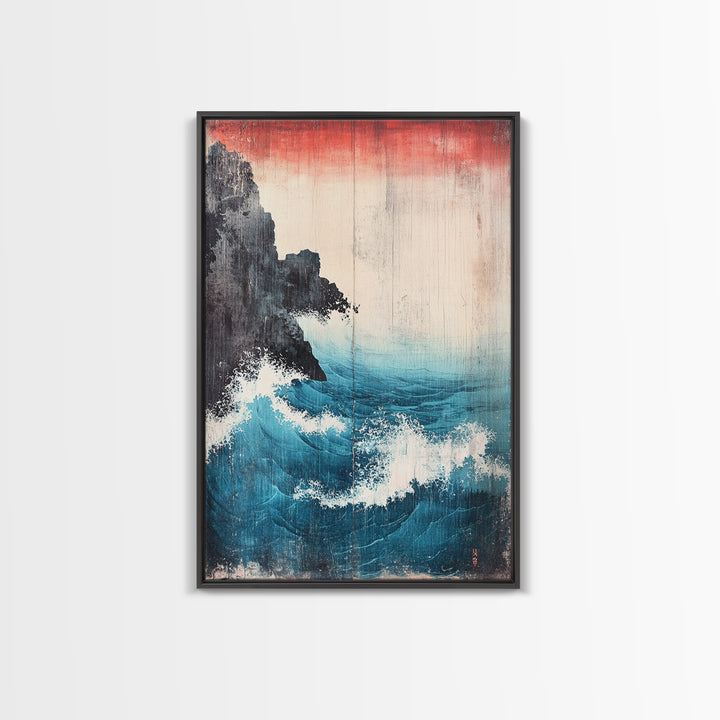 Dramatic Blue Wave And Cliff Canvas Print, Japanese Seascape Wall Decor, Coastal Ocean Art For Living Room Decor, Beach House Gift