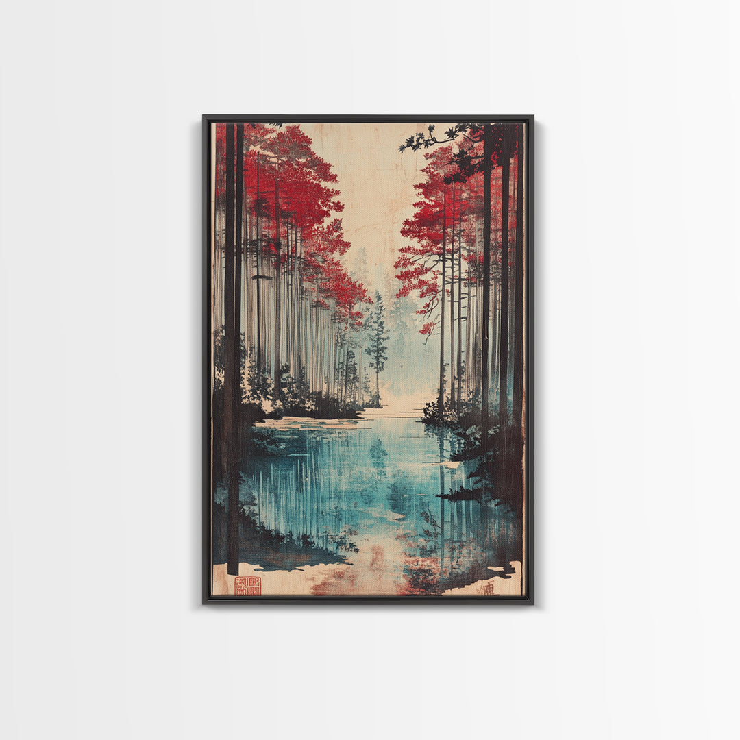 Red Pine Forest Lake Wall Art, Japanese Landscape Print, Moody Nature Wall Decor, Large Living Room Canvas Decor For Home