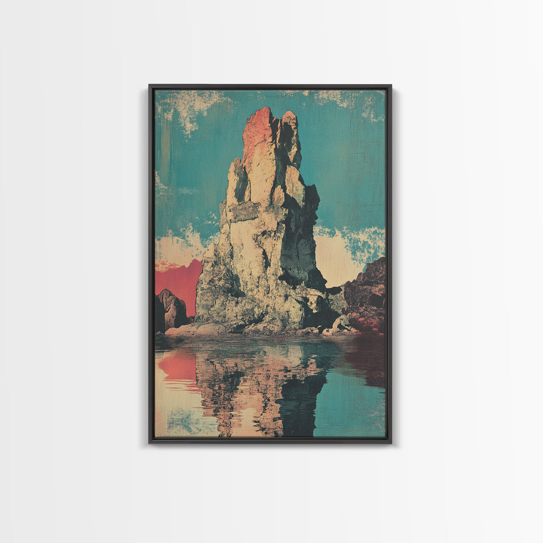 Turquoise Sea Stack Island At Sunset Wall Art, Retro Coastal Landscape Print, Ocean Rock Nature Decor, Modern Beach House