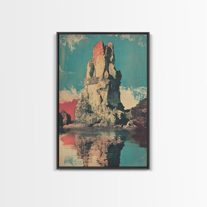 Turquoise Sea Stack Island At Sunset Wall Art, Retro Coastal Landscape Print, Ocean Rock Nature Decor, Modern Beach House