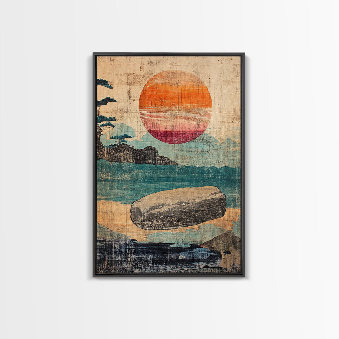 Floating Stone Over Teal Water At Sunset Canvas Print, Japandi Zen Wall Art, Minimalist Coastal Decor, Meditation Room Art