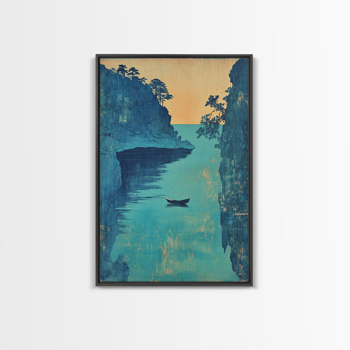 Blue Coastal Canyon Boat Wall Art, Japanese Seascape Print, Nautical Home Decor, Serene Ocean Landscape Living Room Art Print