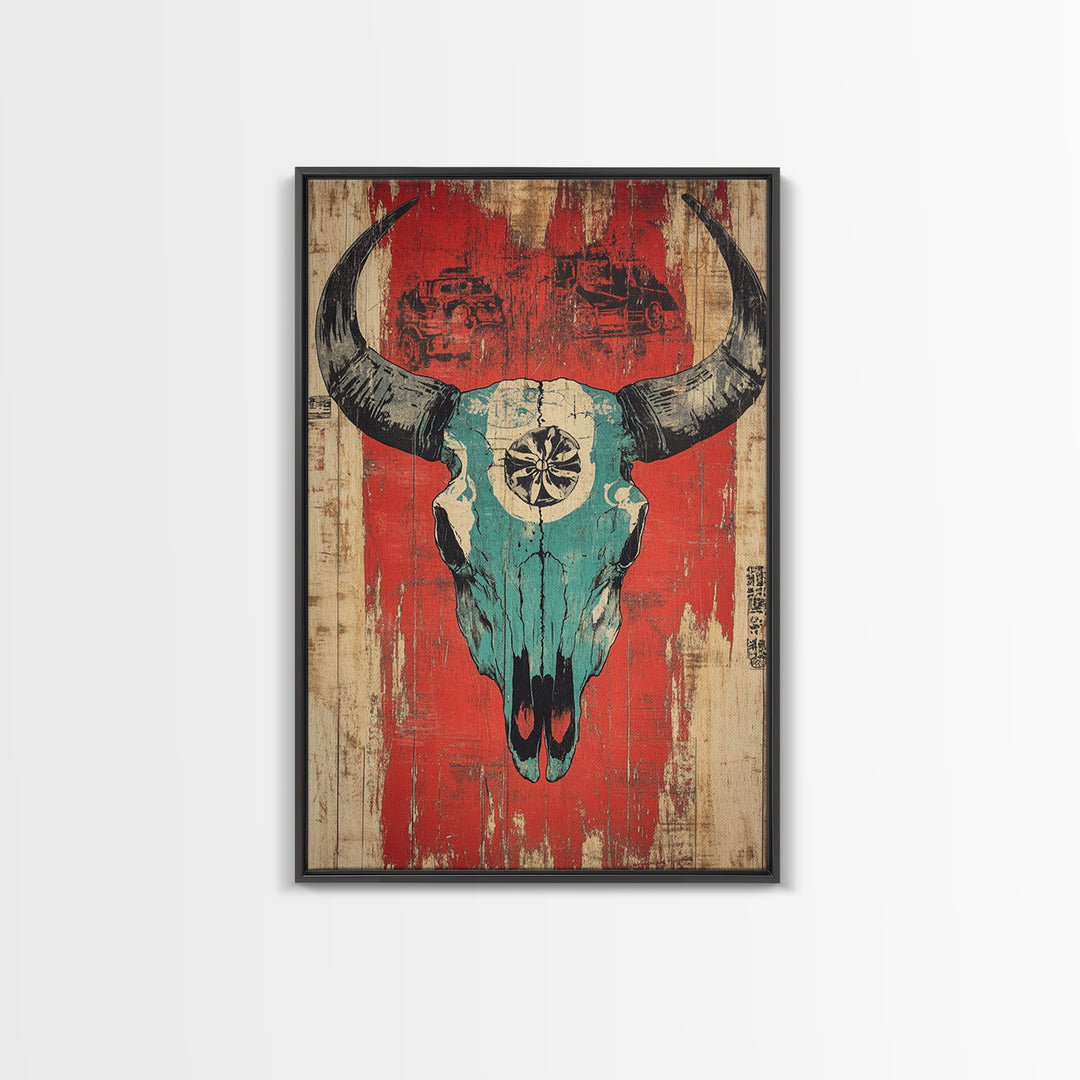 Turquoise Bull Skull On Red Rustic Wood Wall Art, Western Wall Decor, Southwestern Canvas, Tribal Home Decor For Living Room