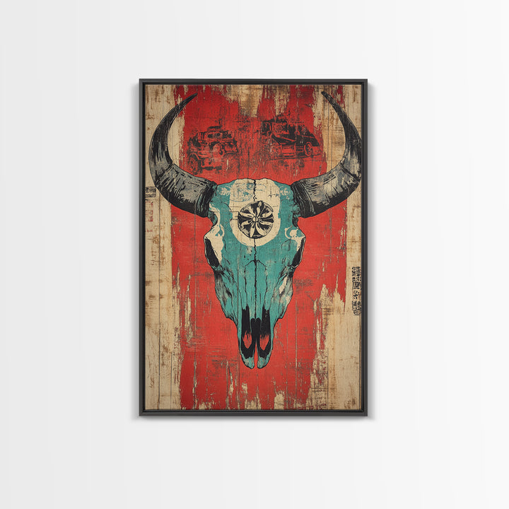 Turquoise Bull Skull On Red Rustic Wood Wall Art, Western Wall Decor, Southwestern Canvas, Tribal Home Decor For Living Room