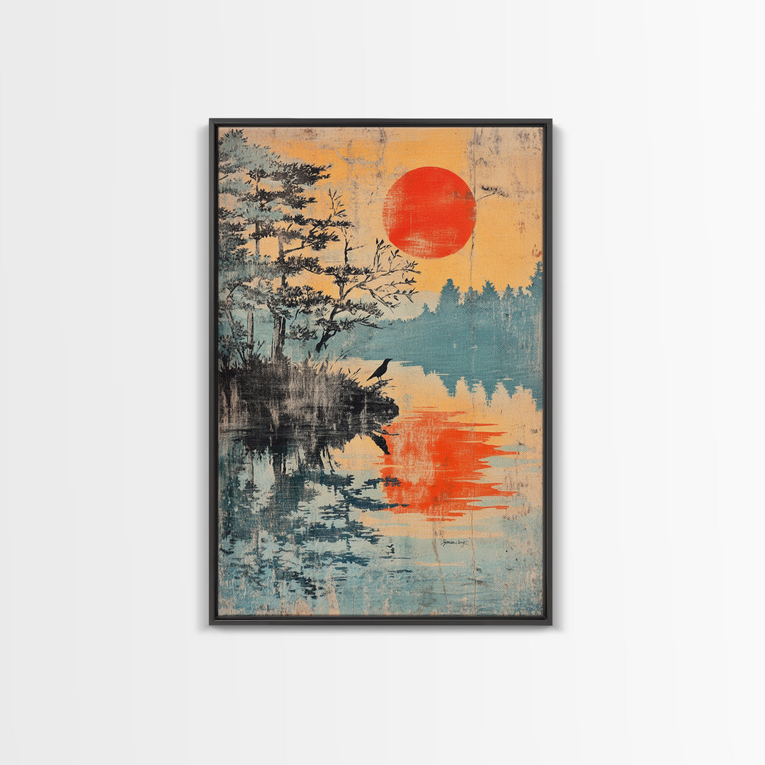 Red Sun Over Pine Lake Reflection Wall Art, Japanese Wall Decor, Japandi Landscape Print, Serene Nature Canvas For Living Room