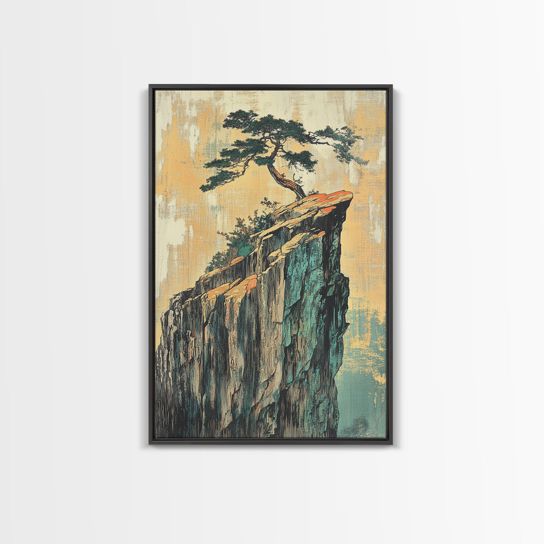 Lone Pine Tree On Sheer Cliff Wall Art, Japandi Landscape, Japanese Wall Decor, Serene Nature Canvas Print For Living Room
