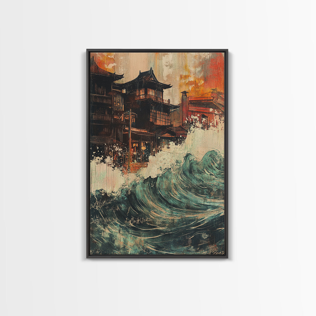 Japanese Pagoda Village With Crashing Wave Wall Art, Coastal Wall Decor, Asian Inspired Art, Dramatic Canvas Print For Living Room