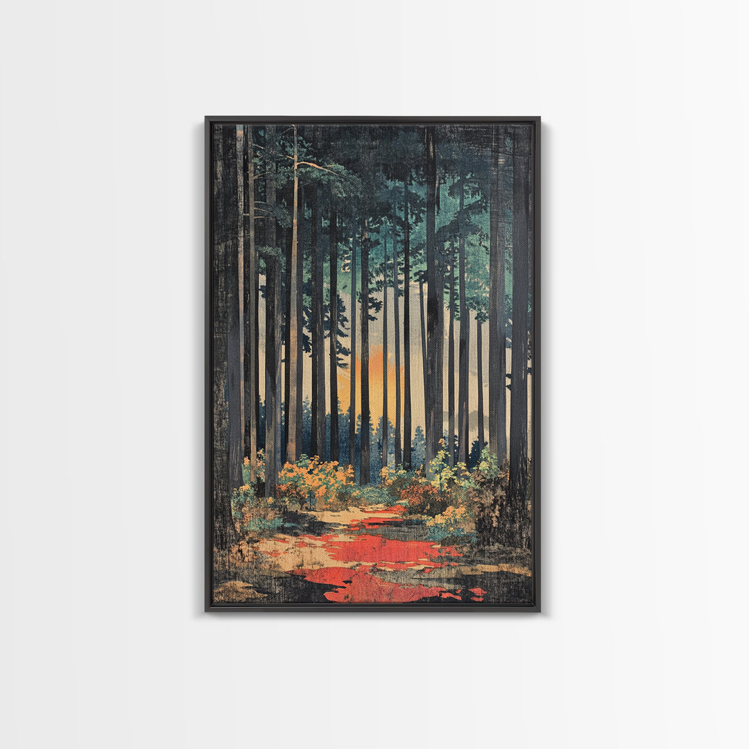 Tall Pine Forest Path At Sunset Wall Art, Nature Wall Decor, Moody Landscape Print, Woodland Canvas For Living Room Decor