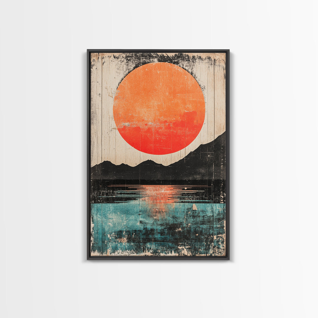 Giant Orange Sun Over Mountain Lake Wall Art, Japanese Wall Decor, Modern Landscape, Teal Canvas Print For Living Room Decor