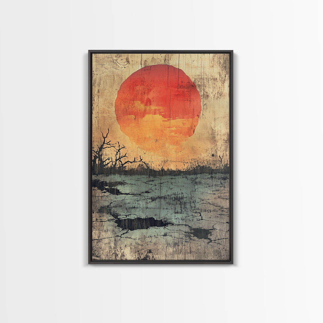 Large Orange Sun Over Barren Wetland Wall Art, Abstract Landscape, Moody Nature Print, Rustic Canvas For Living Room Decor