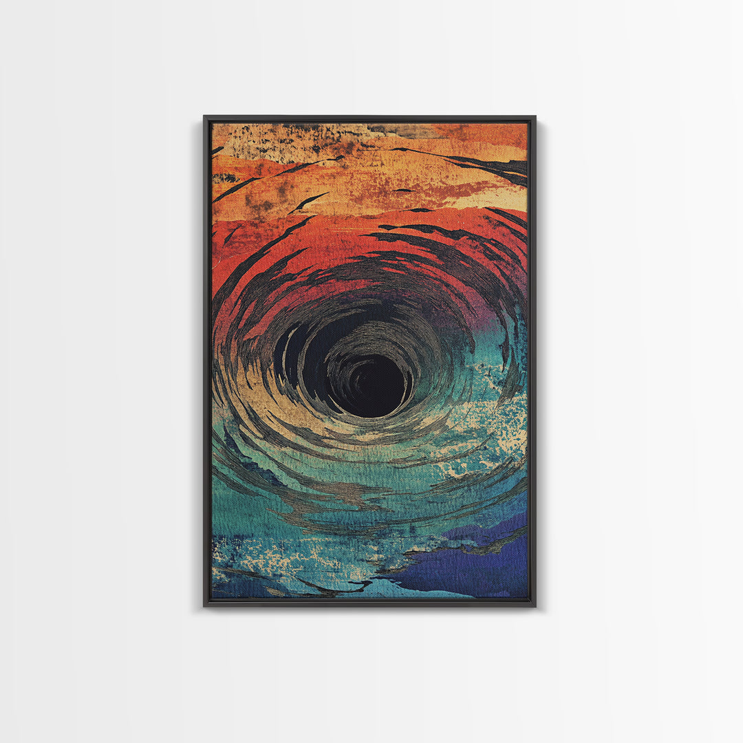 Abstract Ocean Vortex Wall Art, Teal Orange Whirlpool Print, Surreal Coastal Decor, Modern Statement Framed Canvas Print