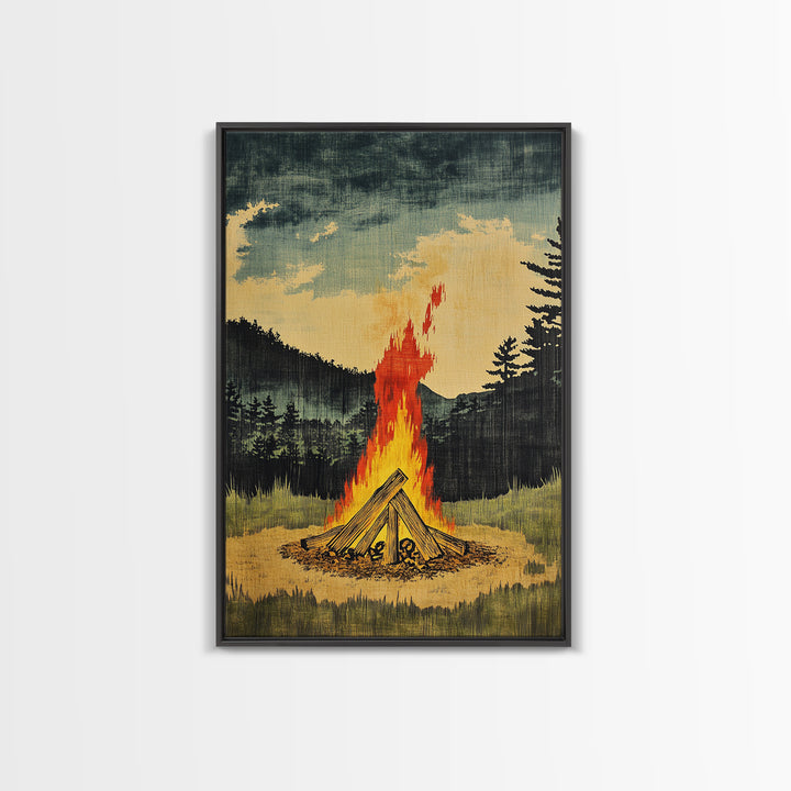Forest Campfire At Dusk Wall Art, Rustic Cabin Landscape Canvas Print, Cozy Nature Decor For Man Cave Living Room Home Decor