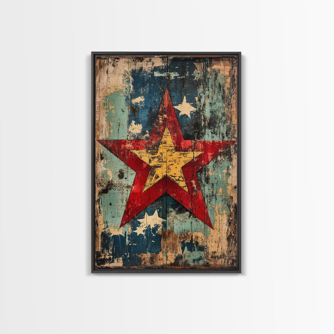 Weathered Red Star Wall Art, Rustic Americana Wood Panel Canvas Print, Patriotic Farmhouse Decor For Living Room Home Decor