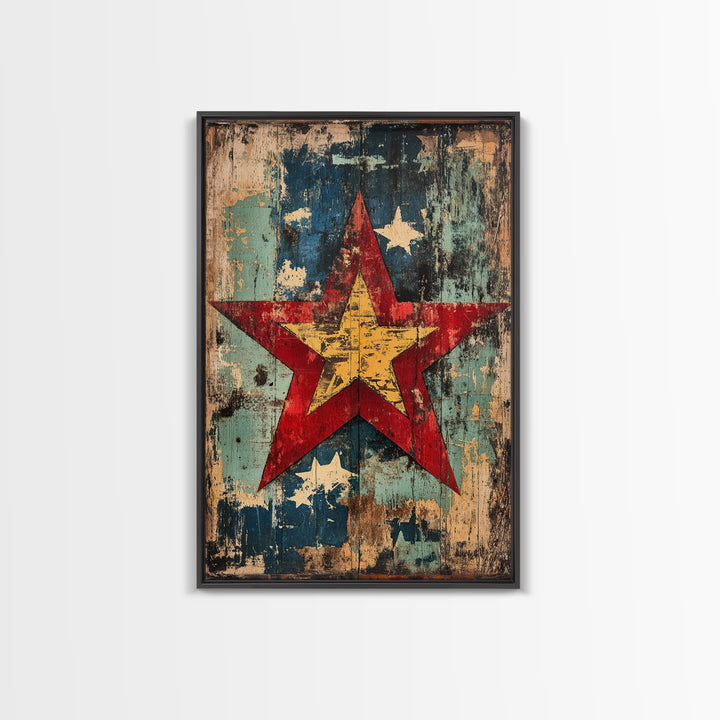 Weathered Red Star Wall Art, Rustic Americana Wood Panel Canvas Print, Patriotic Farmhouse Decor For Living Room Home Decor