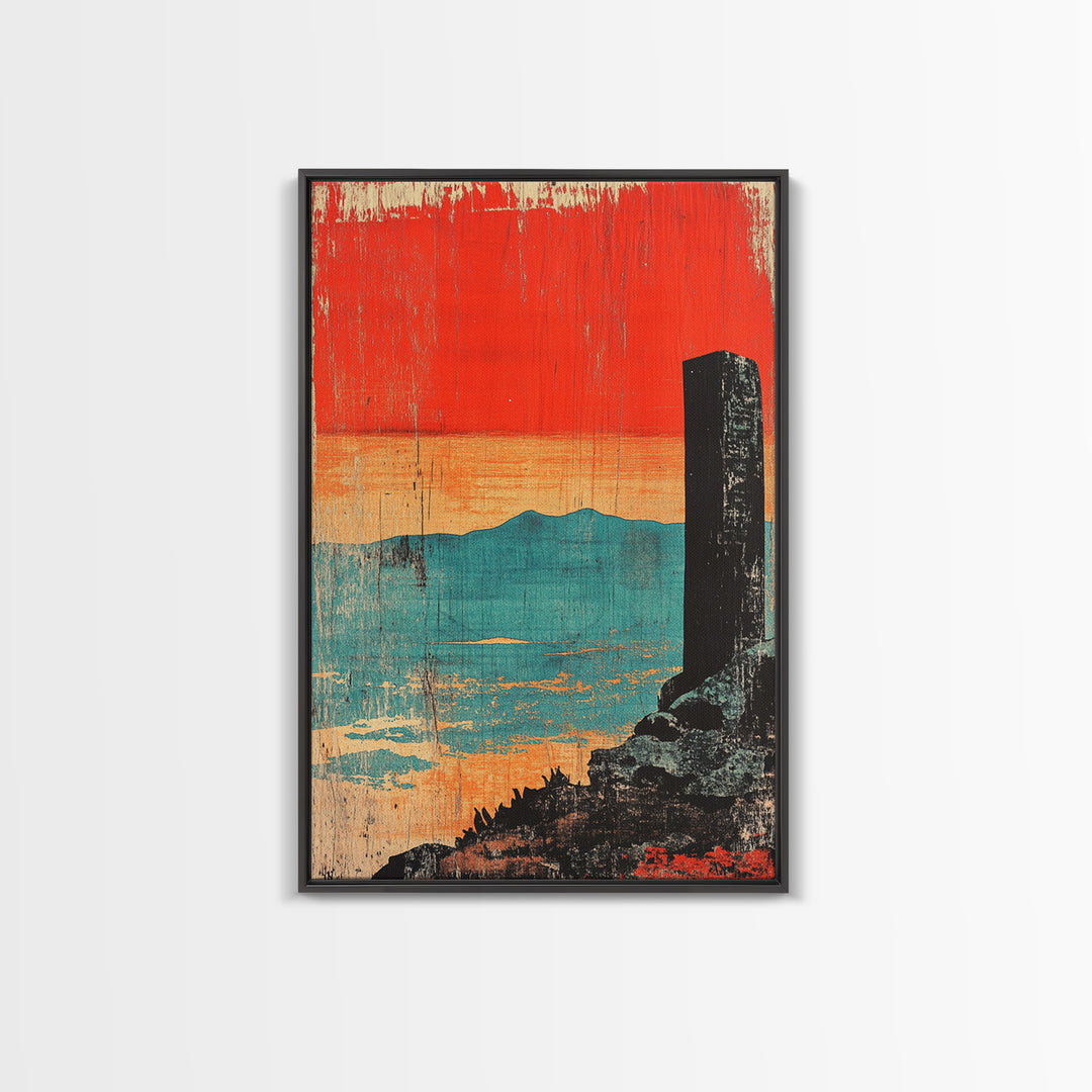 Orange Sunset Over Turquoise Sea Wall Art, Minimal Japanese Landscape Print, Coastal Zen Decor, Modern Living Room Art, Gift