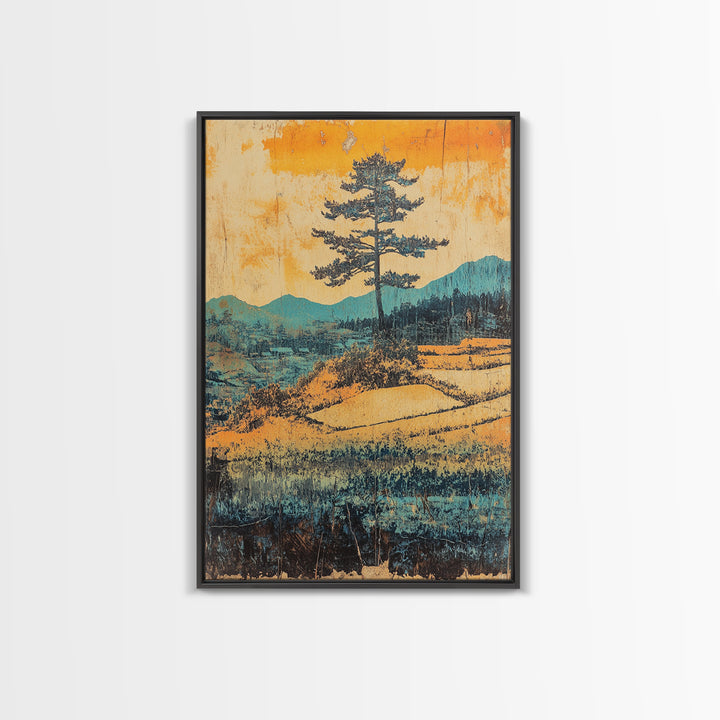 Lone Pine Above Terraced Fields Wall Art, Japanese Mountain Landscape Print, Rustic Nature Decor, Serene Farmhouse Art, Gift