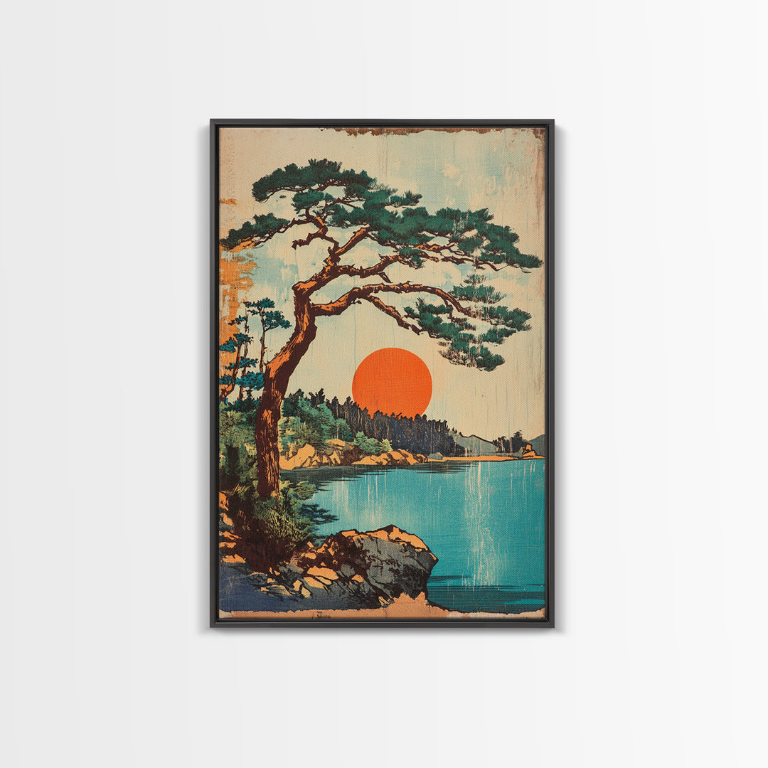 Lakeside Pine At Orange Sun Framed Canvas Print, Japanese Landscape Wall Art, Coastal Cabin Decor, Serene Nature Home Decor