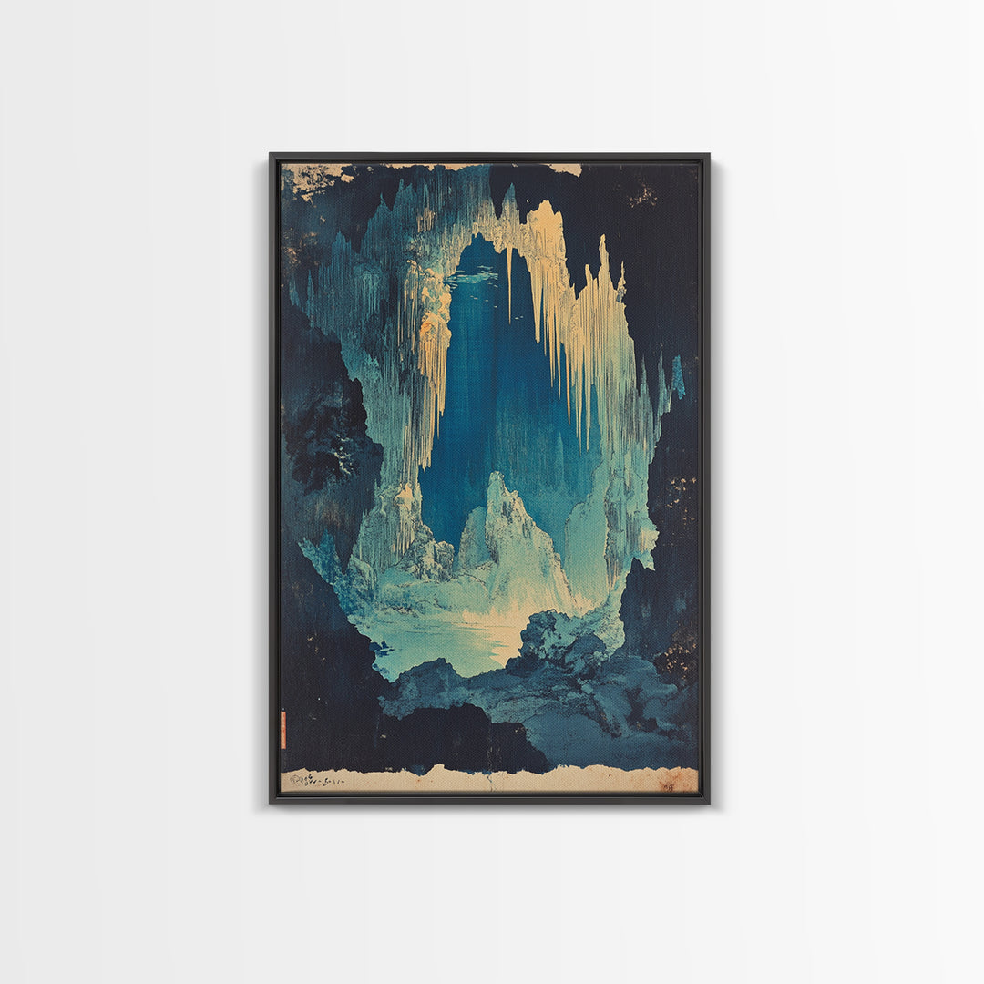 Blue Ice Cave With Glowing Cavern Lake Framed Canvas Print, Fantasy Landscape Wall Art, Moody Nature Decor, Unique Office Art