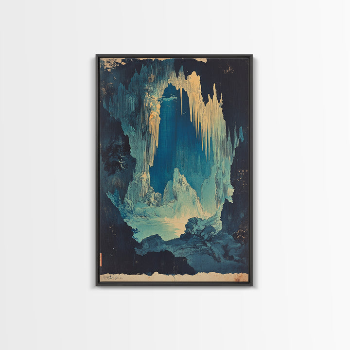 Blue Ice Cave With Glowing Cavern Lake Framed Canvas Print, Fantasy Landscape Wall Art, Moody Nature Decor, Unique Office Art