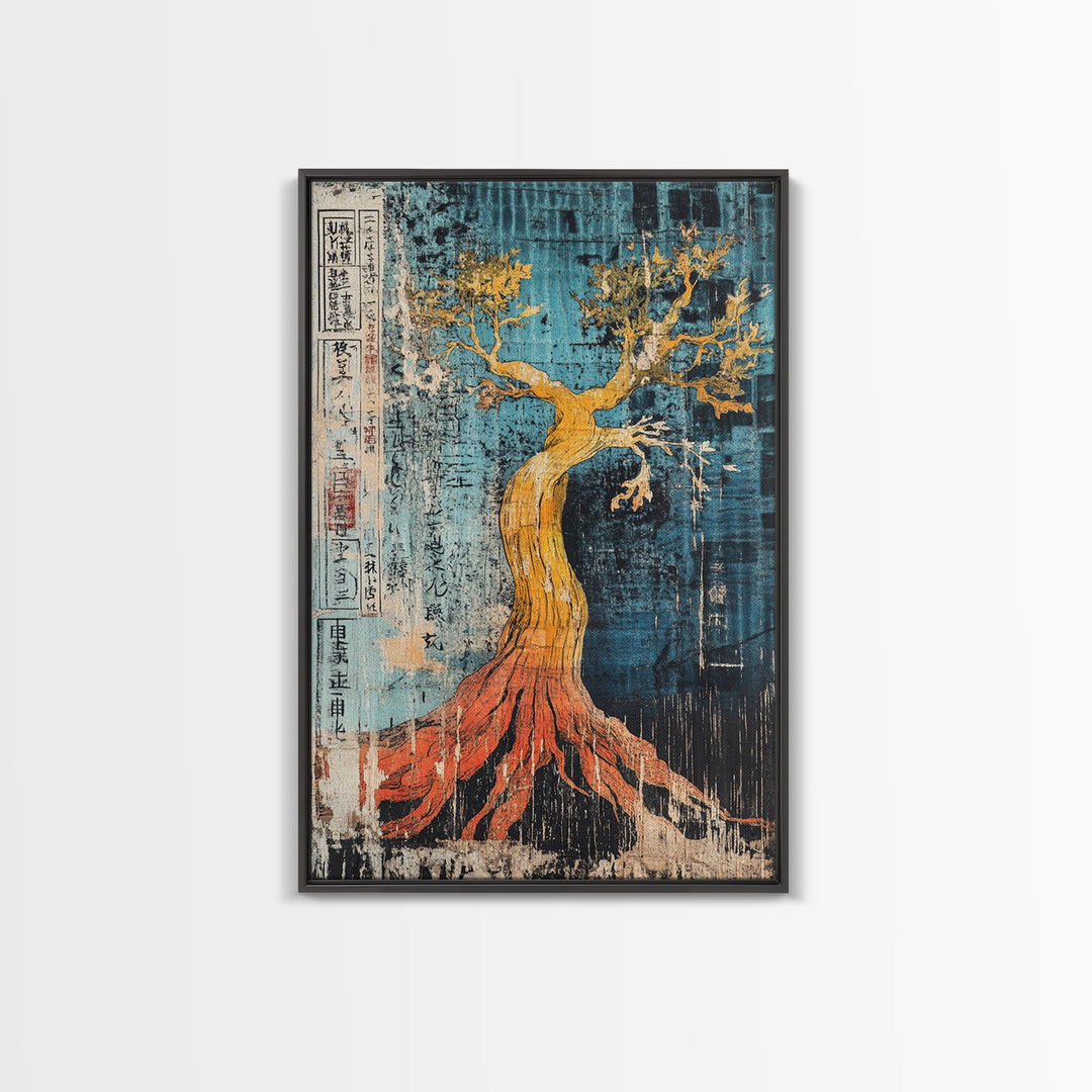 Golden Tree With Red Roots On Blue Canvas Print, Japanese Botanical Wall Art, Abstract Nature Decor, Organic Modern Home Decor