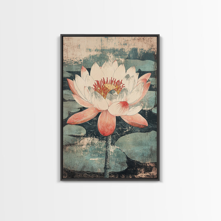 Pink Lotus Flower Botanical Wall Art, Japanese Canvas Print, Water Lily Pond Decor, Japandi Nature Art For Bedroom Decor