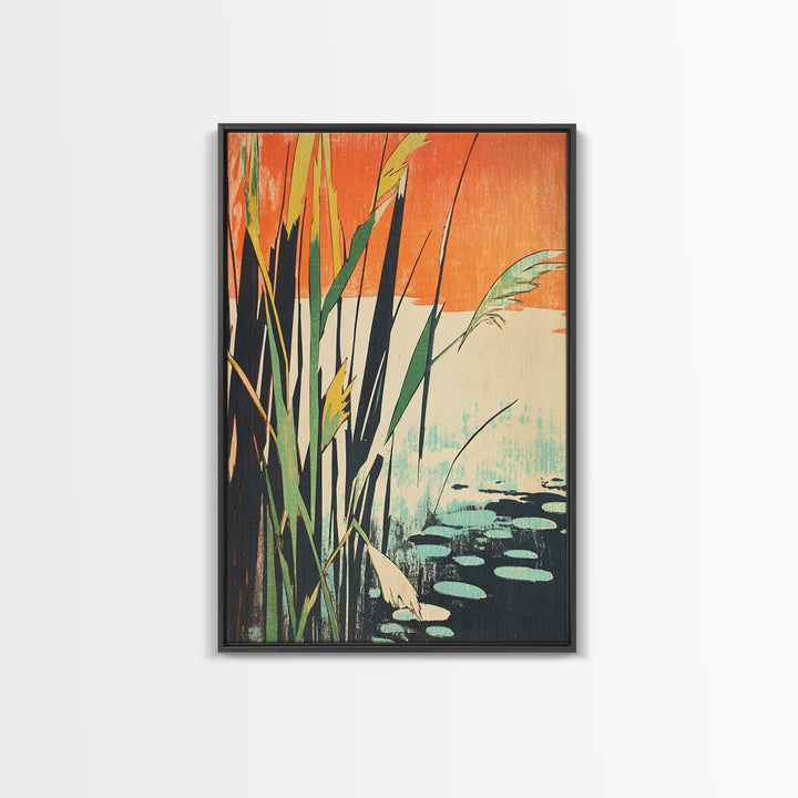 Tall Reeds Orange Sunset Canvas Print, Botanical Wall Art, Japanese Pond Landscape, Nature Decor, Serene Japandi Art Print