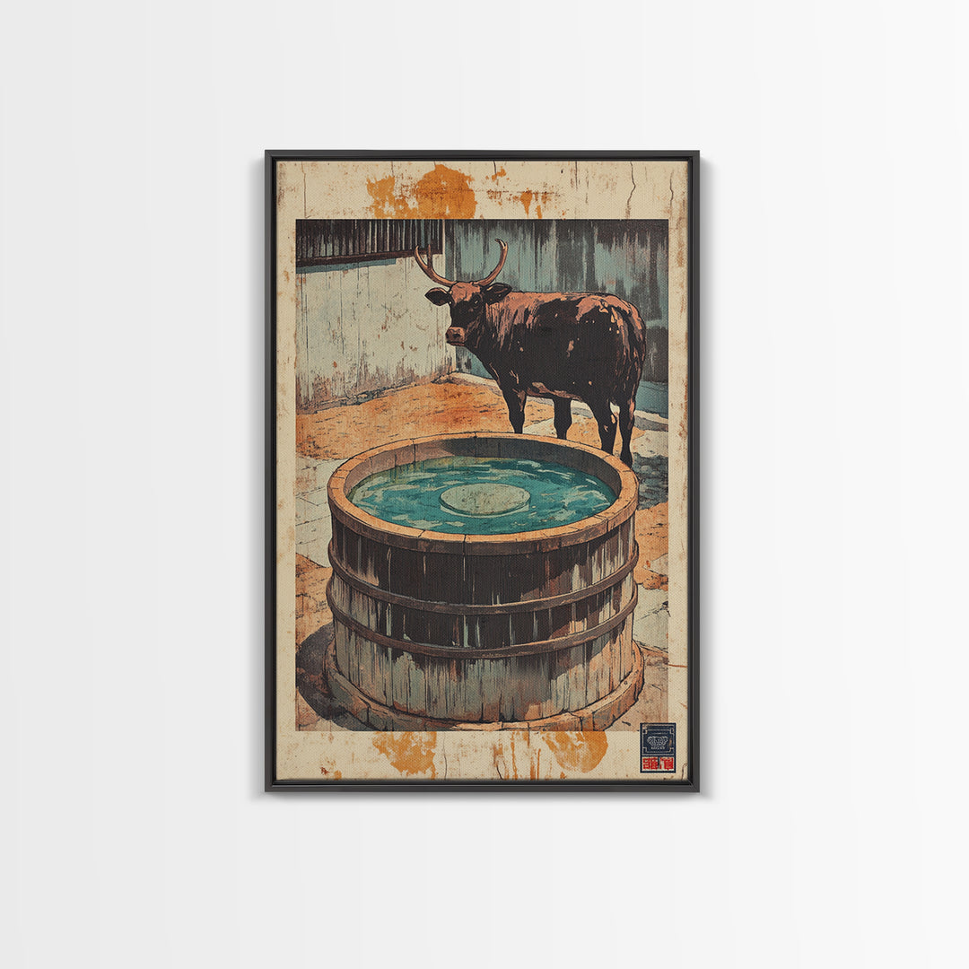 Longhorn Bull Water Trough Canvas Print, Western Wall Art, Rustic Farmhouse Decor, Ranch Animal Art, Country Wall Decor