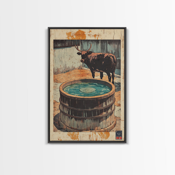Longhorn Bull Water Trough Canvas Print, Western Wall Art, Rustic Farmhouse Decor, Ranch Animal Art, Country Wall Decor