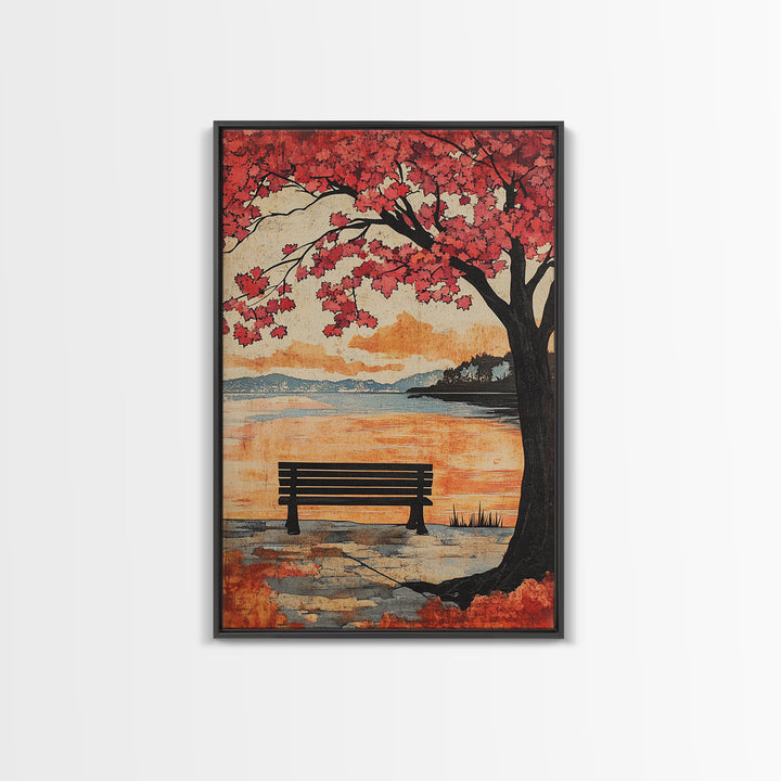 Red Maple Tree Bench By Quiet Lake Wall Art, Japanese Garden Print, Autumn Sunset Decor, Serene Living Room Wall Decor, Housewarming Gift