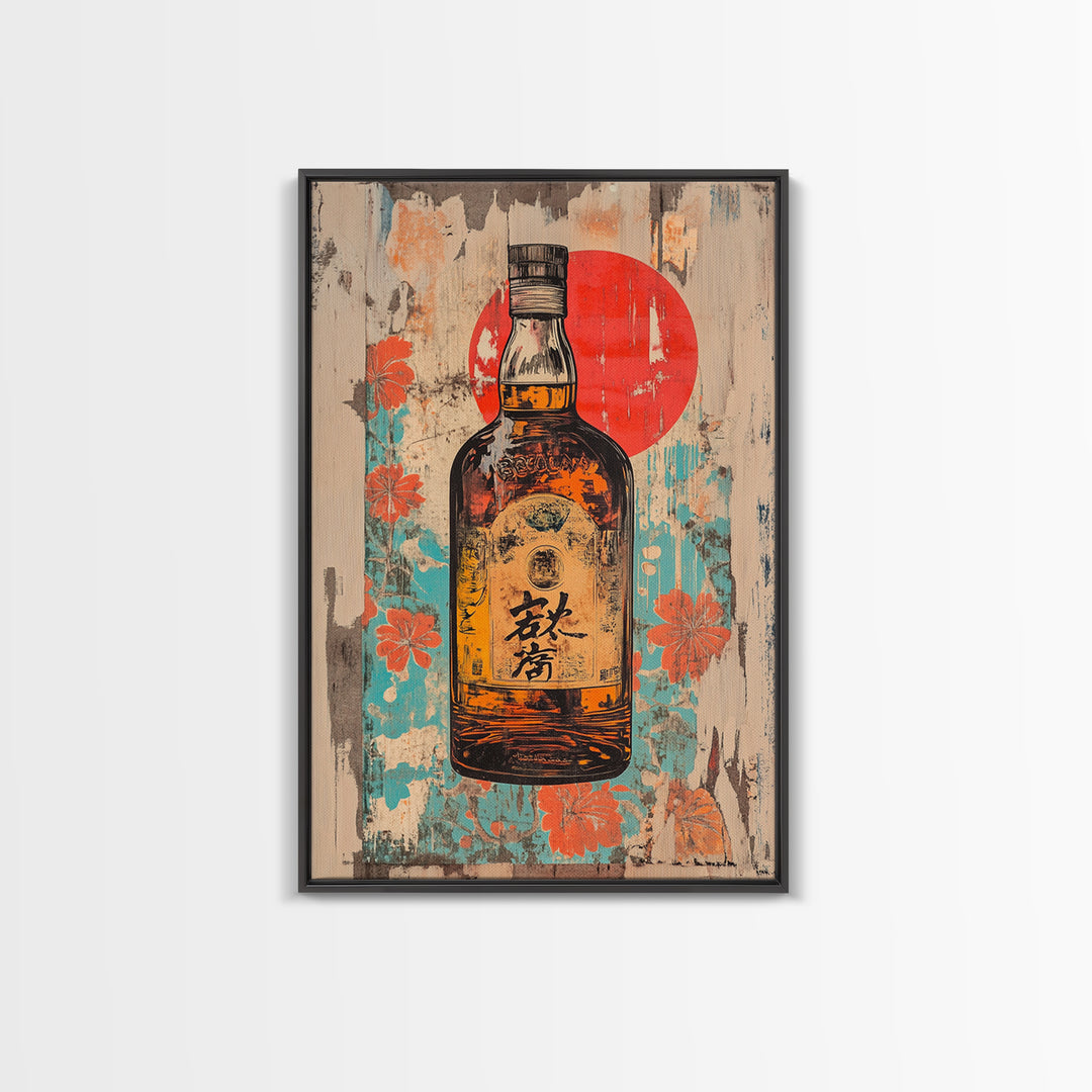 Japanese Whisky Bottle With Red Sun Canvas Print, Retro Bar Art, Floral Kitchen Decor, Home Bar Wall Decor, Gift For Him