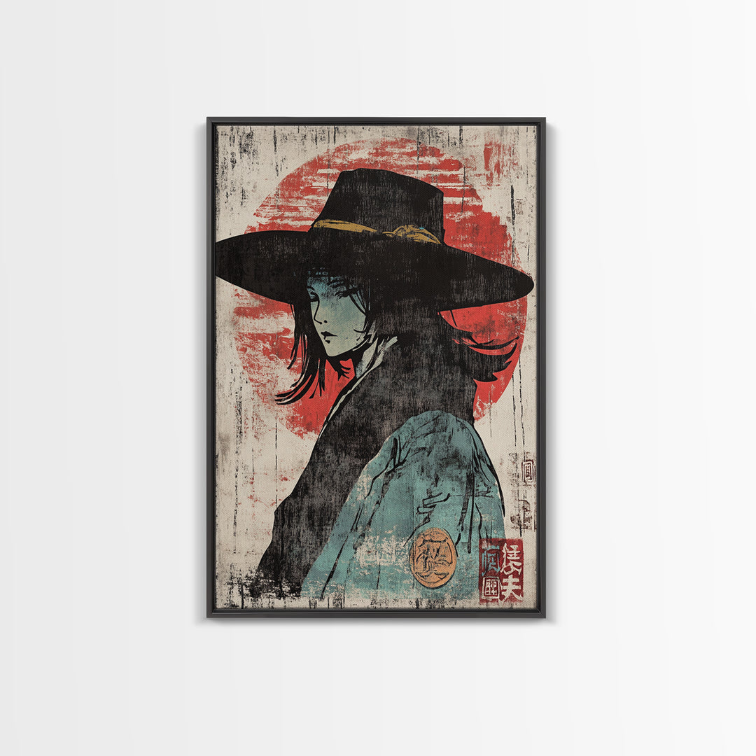 Mysterious Woman In Wide Black Hat Wall Art, Japanese Portrait Print, Anime Style Decor, Moody Wall Decor, Gift For Her, Home Decor