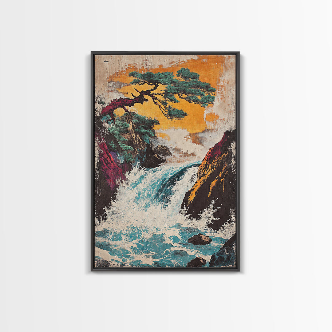 Pine Tree Waterfall Mountain Framed Canvas Print, Japanese Landscape Art, Nature Wall Decor, Serene Asian Home Decor, Living Room Art