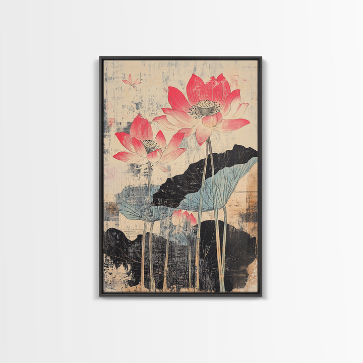 Pink Lotus Flowers With Ink Leaves Wall Art, Botanical Japanese Print, Asian Inspired Decor, Feminine Bedroom Wall Decor