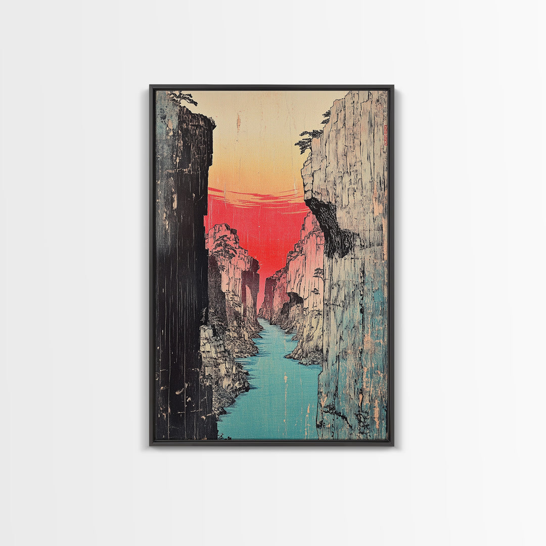 Red Sunset Canyon River Canvas Print, Japanese Gorge Landscape, Dramatic Nature Wall Decor, Asian Inspired Office Art, Home Decor