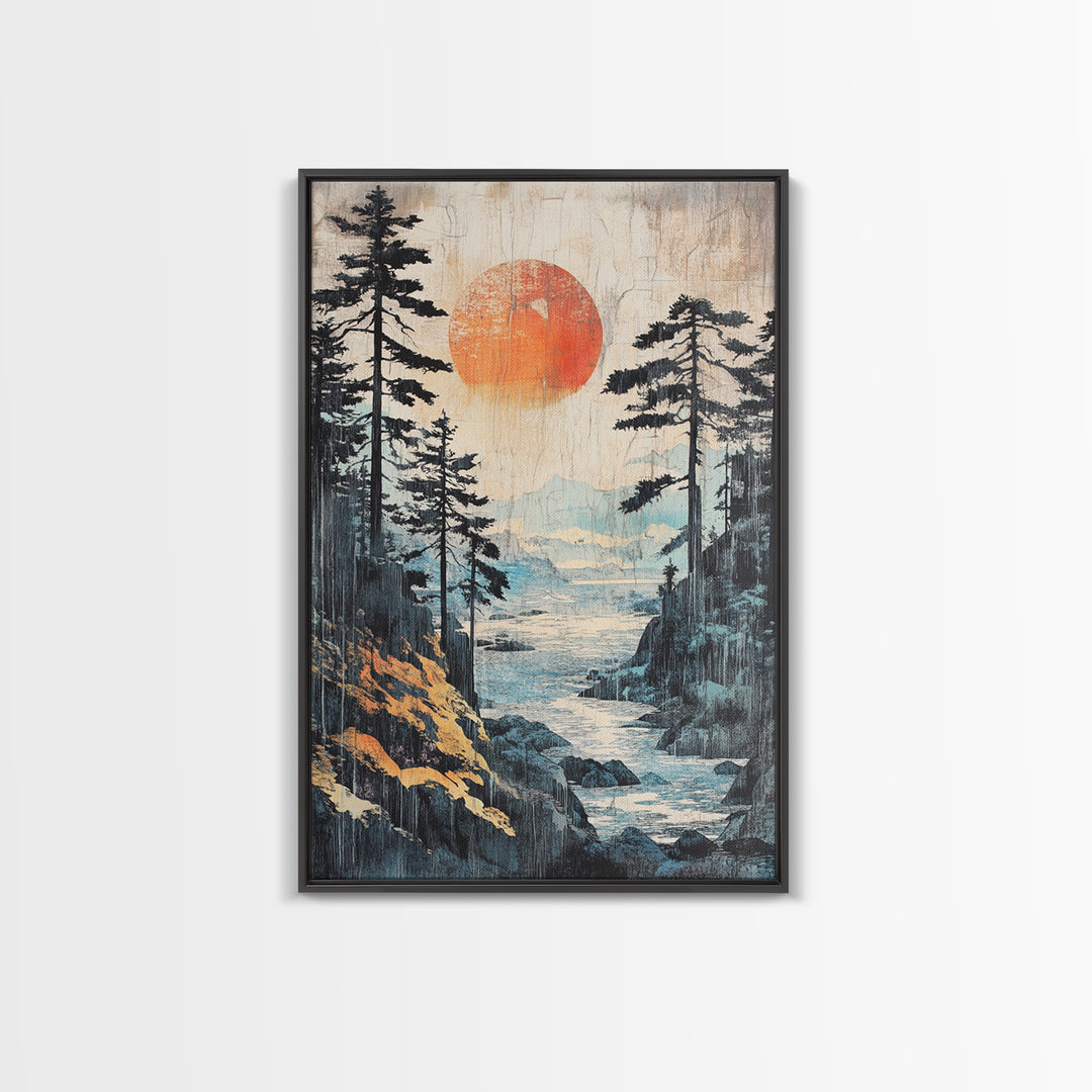 Red Sun Forest River Wall Art, Japanese Mountain Landscape Print, Nature Wall Decor, Large Framed Canvas Print For Living Room Decor